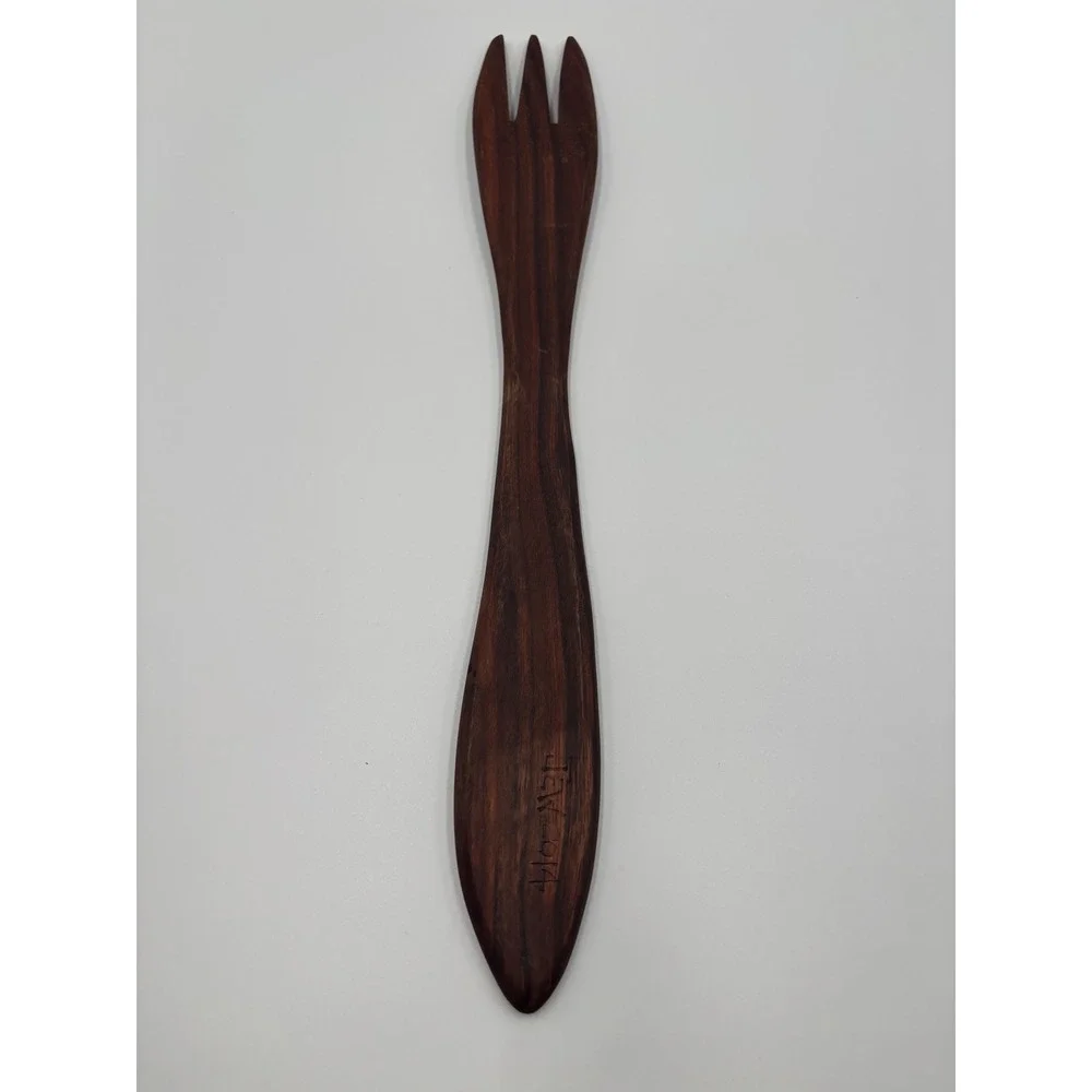 Artisan Hand Carved Wooden Salad Server Set Signed JEW 2014 Dark Wood Fork Spoon